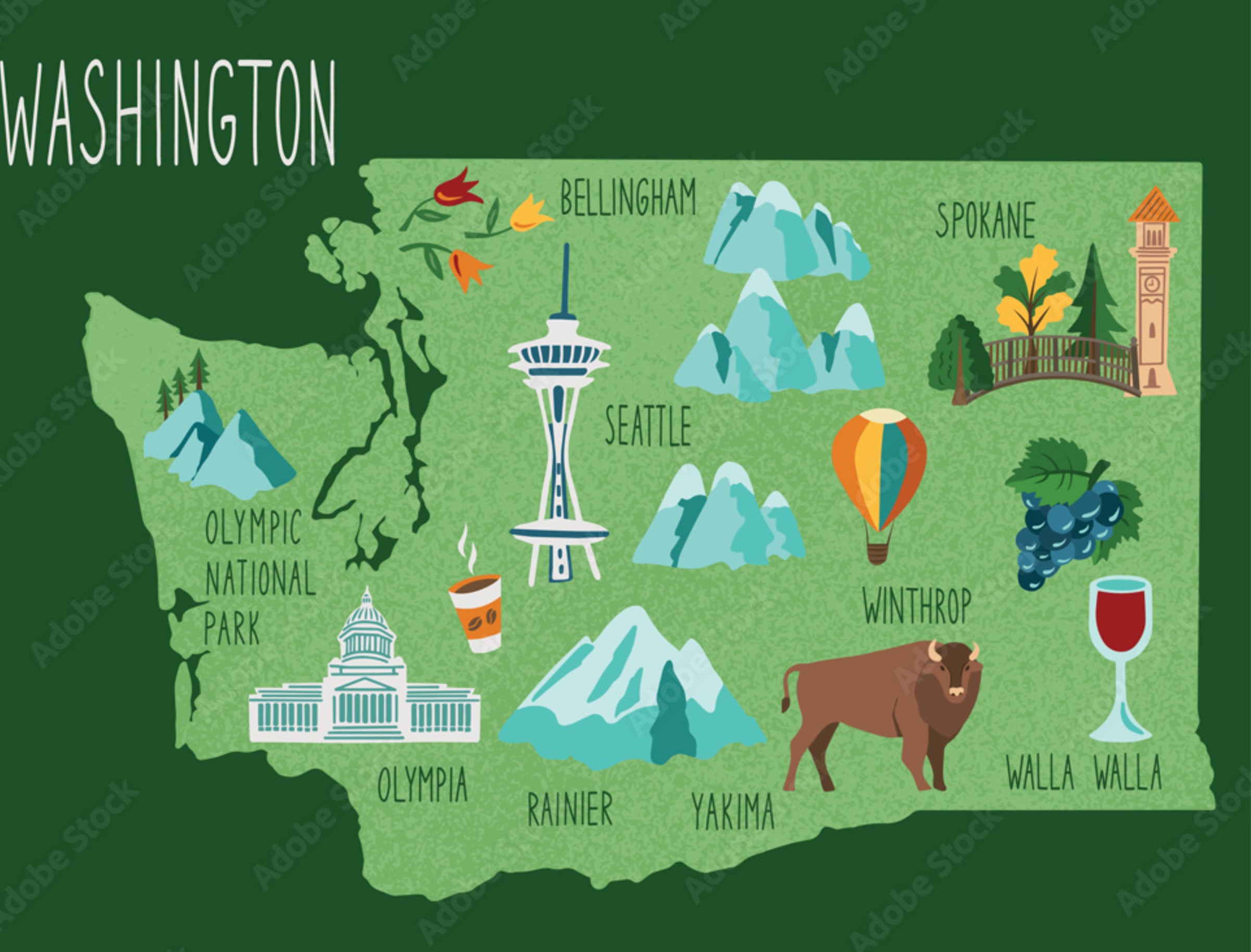 Seattle Washington Cartoon Map