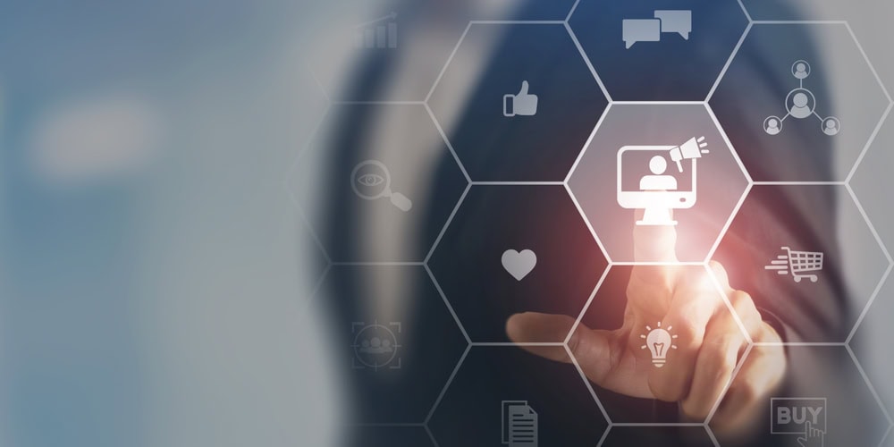 Remote work digital networking concepts with icons and a person on a computer screen.