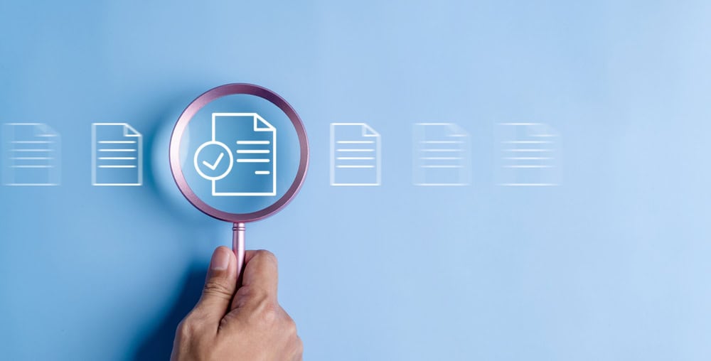 Digital document review with magnifying glass.
