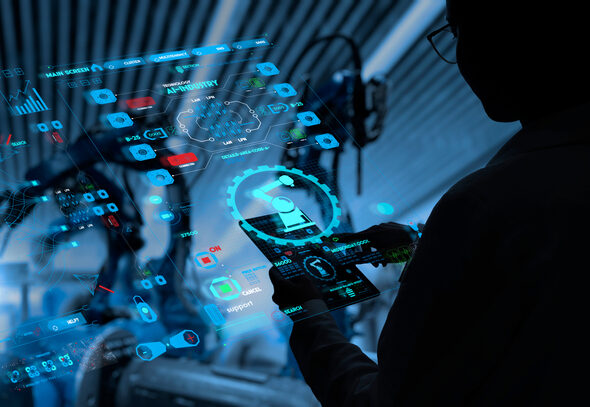 Advanced digital technology interface with holographic display and mobile device.