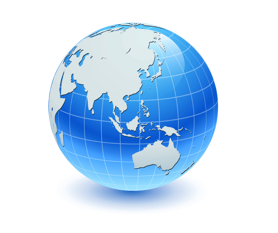Global globe with Asia and Australia visible, blue and white color scheme.