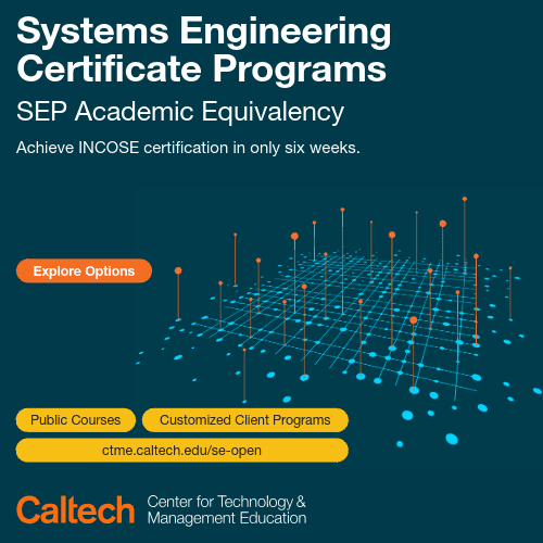 Advanced systems engineering certification program graphic with digital data visualization elements.