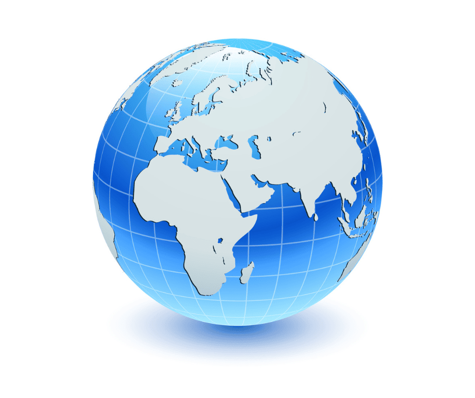 Globally connected world map showing continents and oceans in blue and white colors.