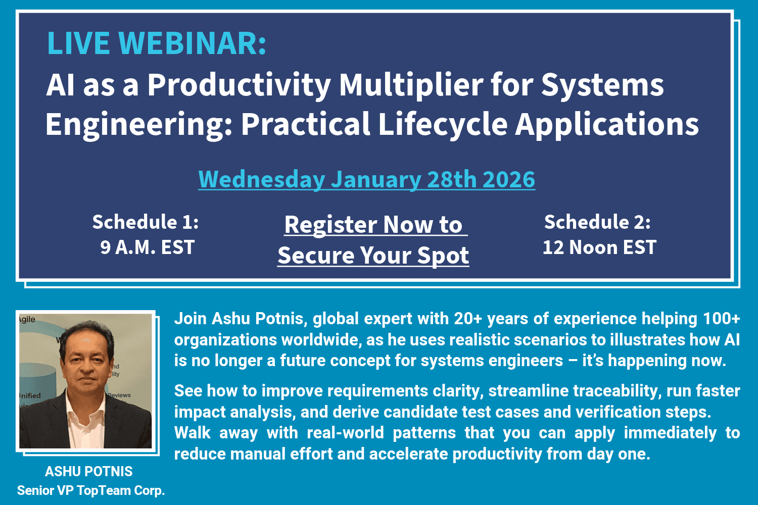 Innovative AI webinar on boosting systems engineering productivity through practical lifecycle applications.