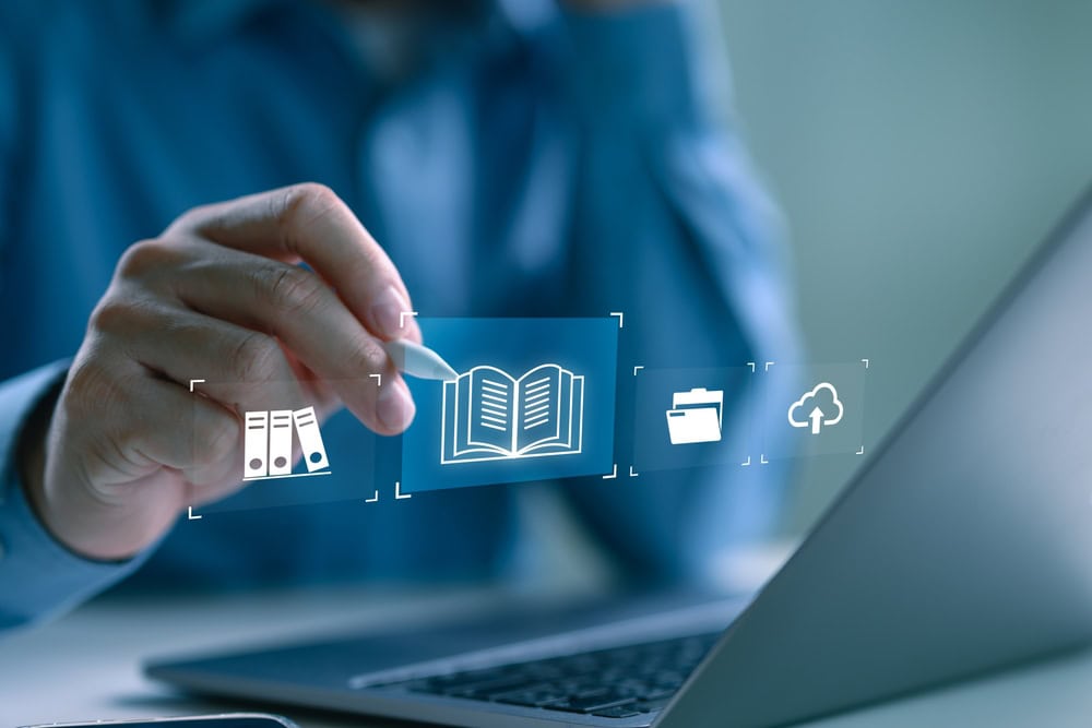 Digital library with cloud storage, folders, and documents icon.